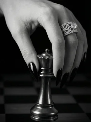 White-metal ring on a hand lifting a black chess piece