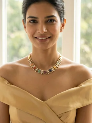 Model in an off-shoulder gown wearing a multi-stone gold necklace