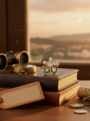 Gold ring with green stones on old books