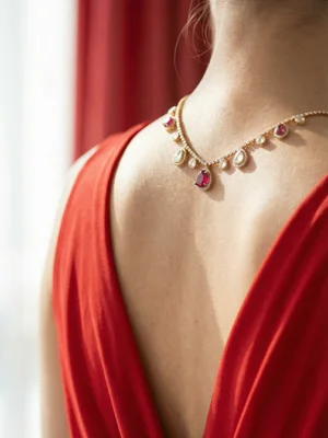 Pink-stone necklace on the bare back of a red gown