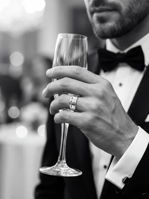 White-metal band on a hand holding a glass, black tie