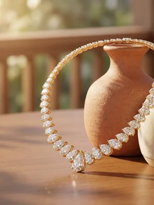 Diamond necklace draped over a terracotta vase on a wooden table
