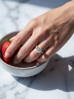 Ring on a hand over white marble with a small bowl