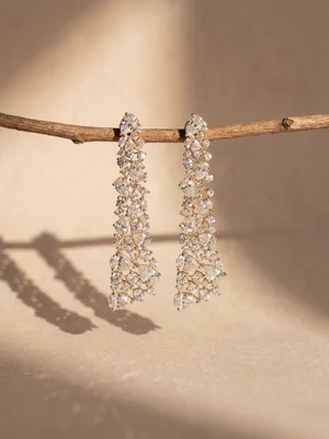 Long white-metal drop earrings hung on a branch