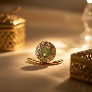 Green gemstone stud on a gold tray in warm light