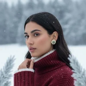 Green gemstone stud on a model in a snowy forest
