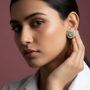 Model in a white shirt against a burgundy sweep, wearing green gemstone studs