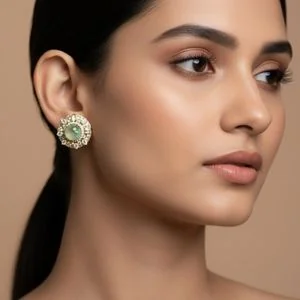 The same green stud on a model in profile against a warm sweep, shot with AI by Kaptured.AI