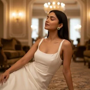 Green gemstone studs on a model seated in a palace hall