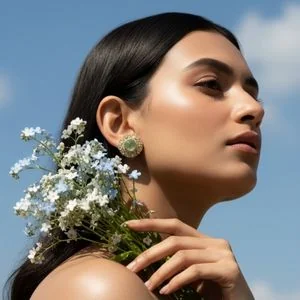 Green gemstone stud on a model holding white flowers under a blue sky