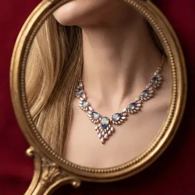 Blue-stone necklace on a model seen in a hand mirror, at real size on the neck