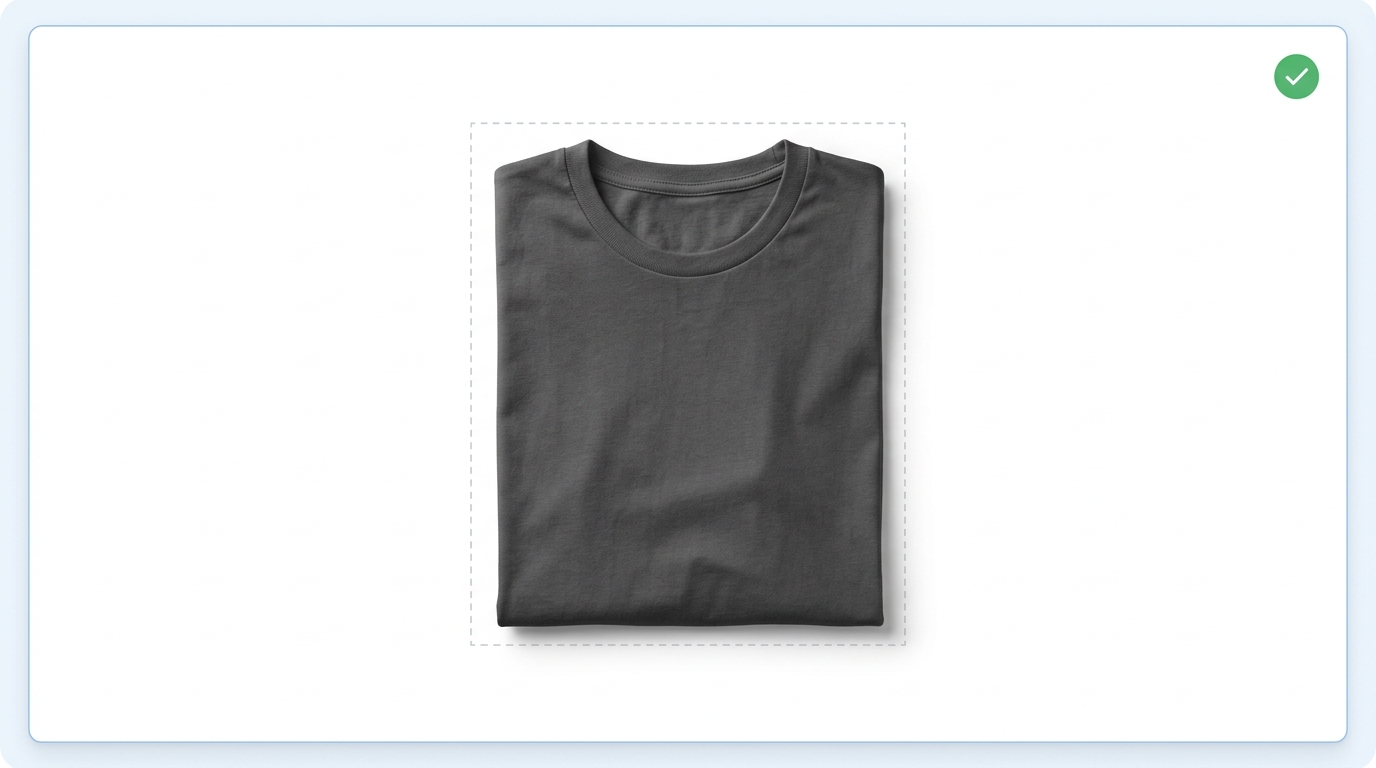 AI-generated Amazon main image of a charcoal t-shirt on a pure white background with 85% frame-fill guides, passing listing QA