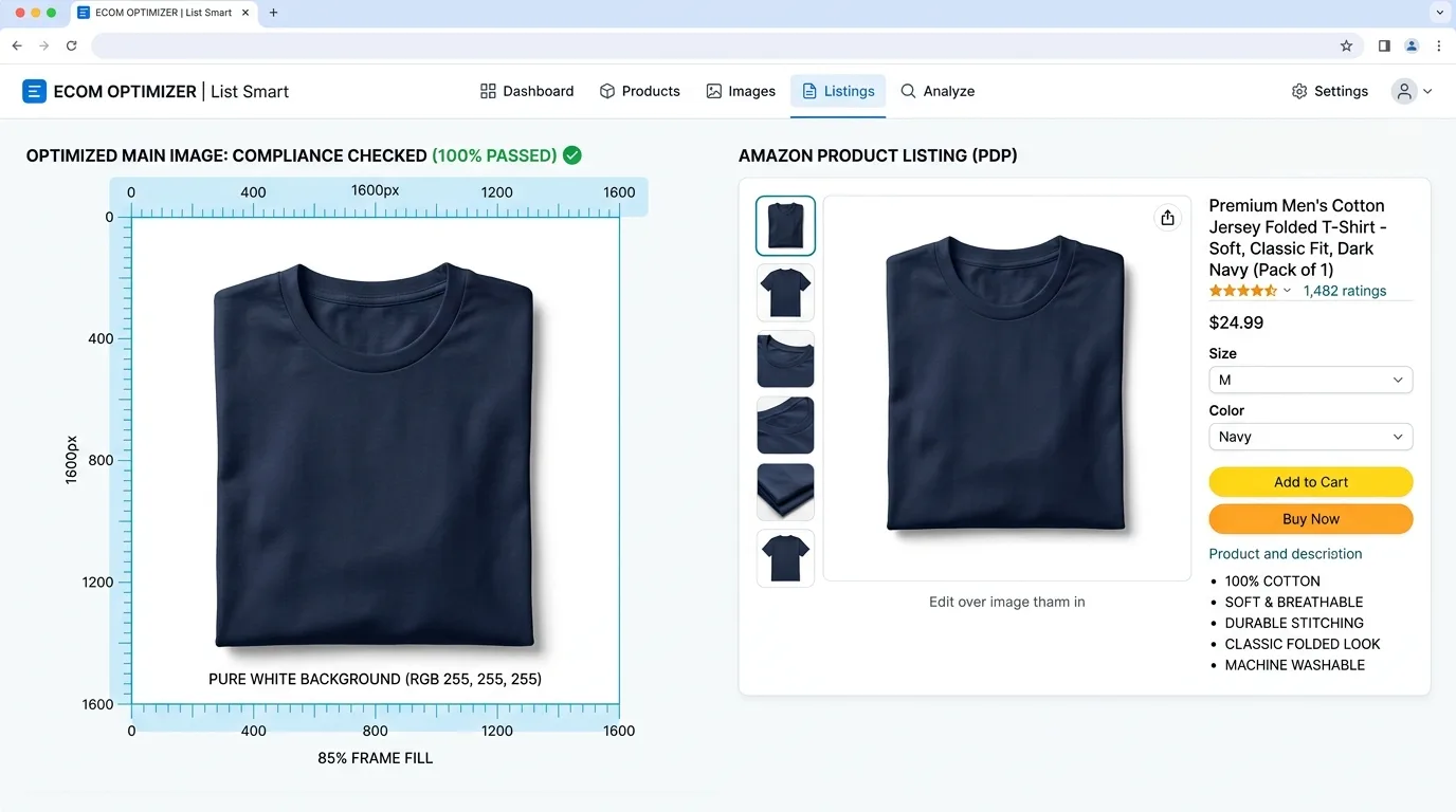 Amazon-compliant white-background product main image generated by AI, shown passing listing QA with 85% frame fill at 1600px