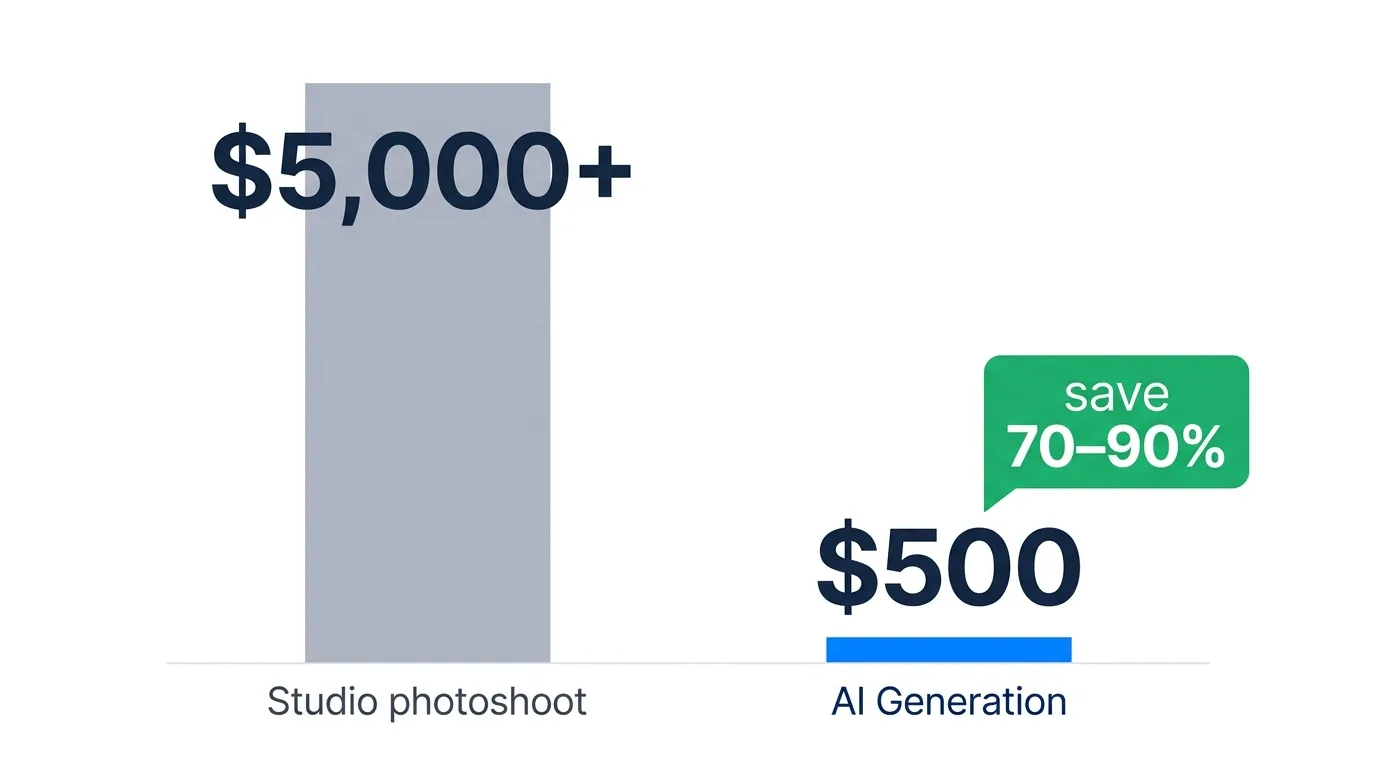 Cost comparison showing studio photoshoot at $5,000+ versus AI generation, saving 70 to 90 percent