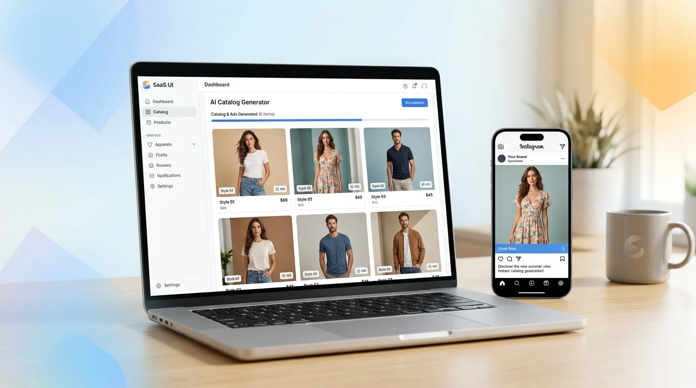 D2C founder's AI catalog generator producing on-model apparel shots and an Instagram ad from one upload