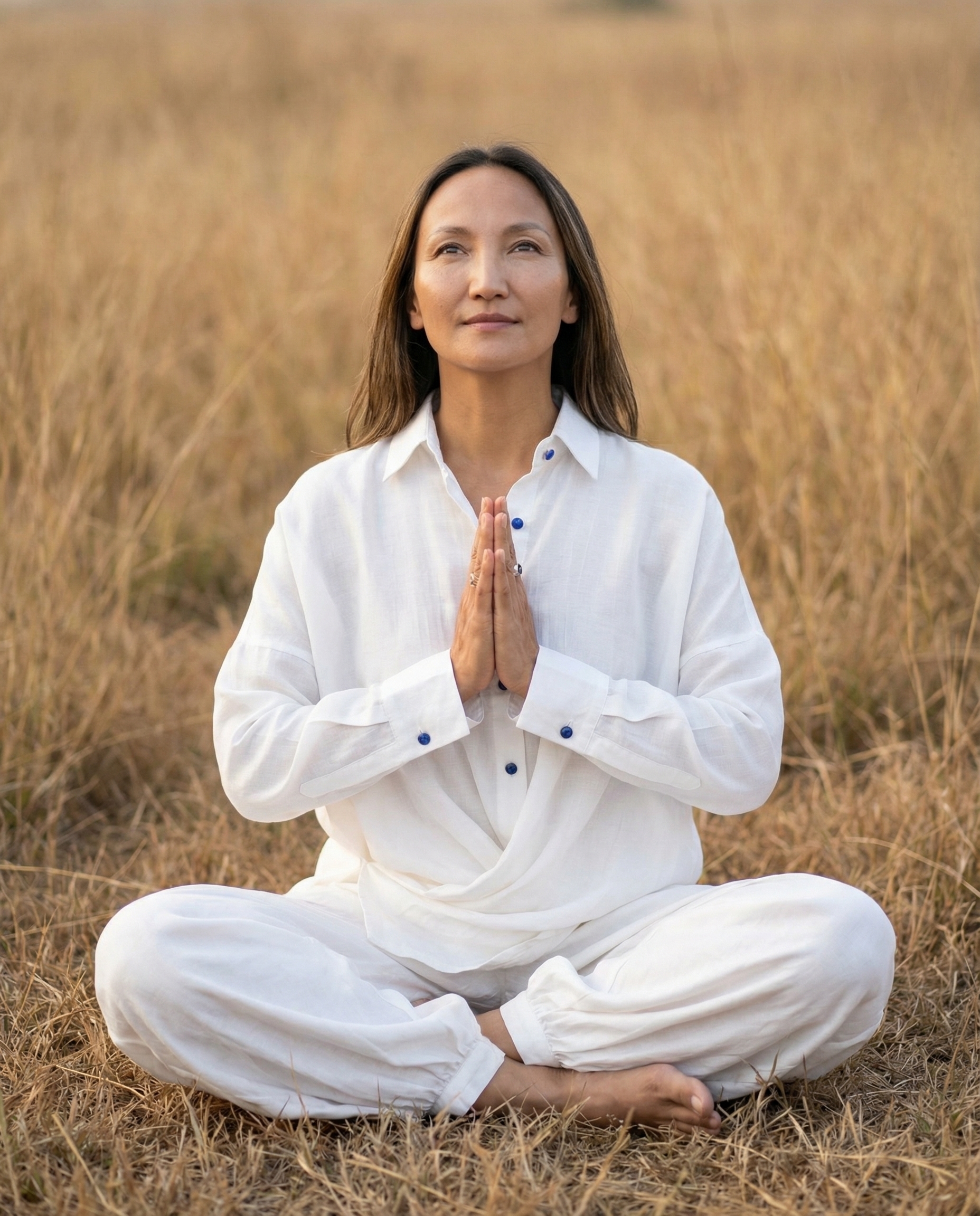 The K Way model meditating in a white gemstone-infused outfit