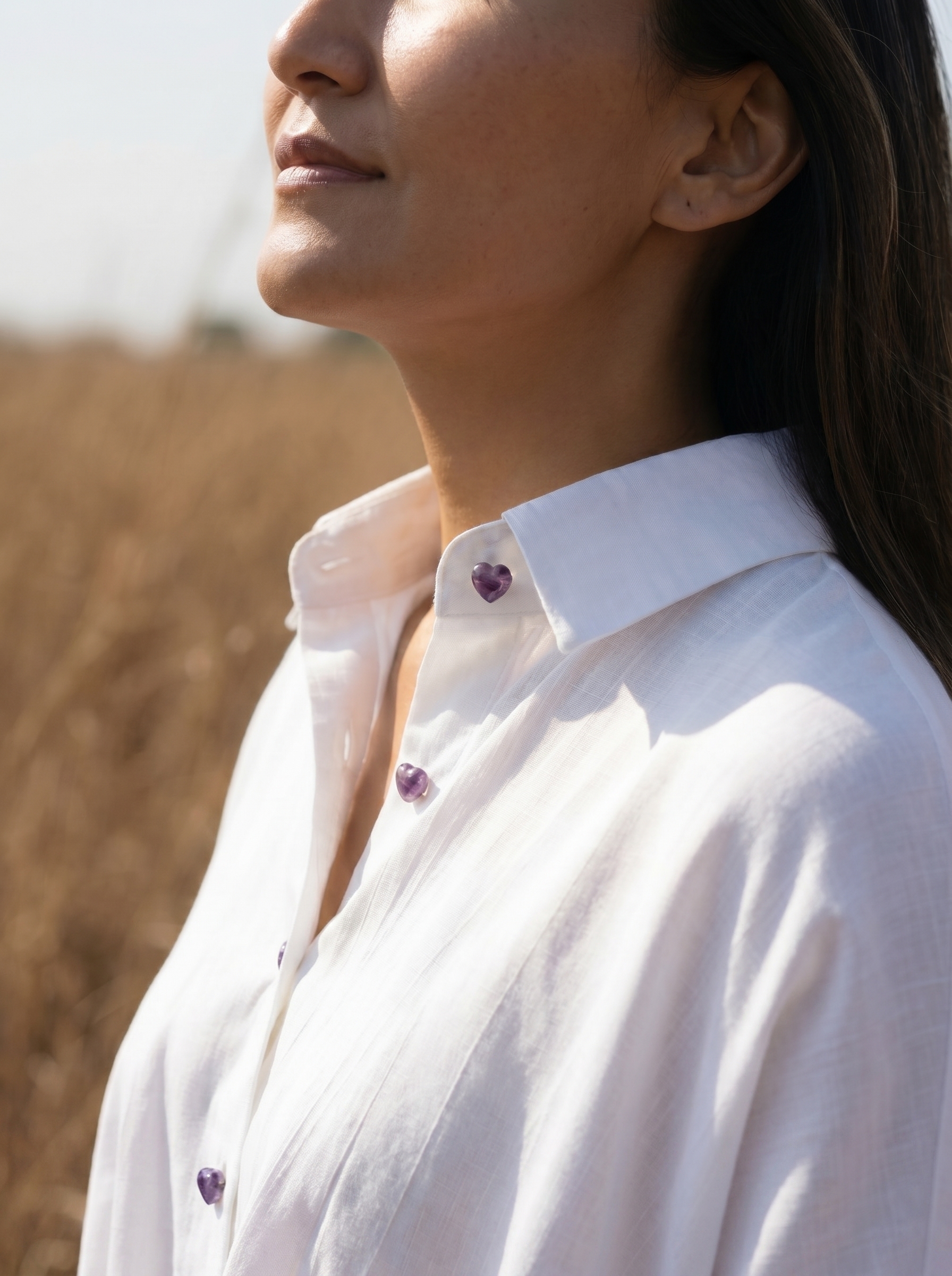 The K Way shirt with amethyst heart gemstone buttons
