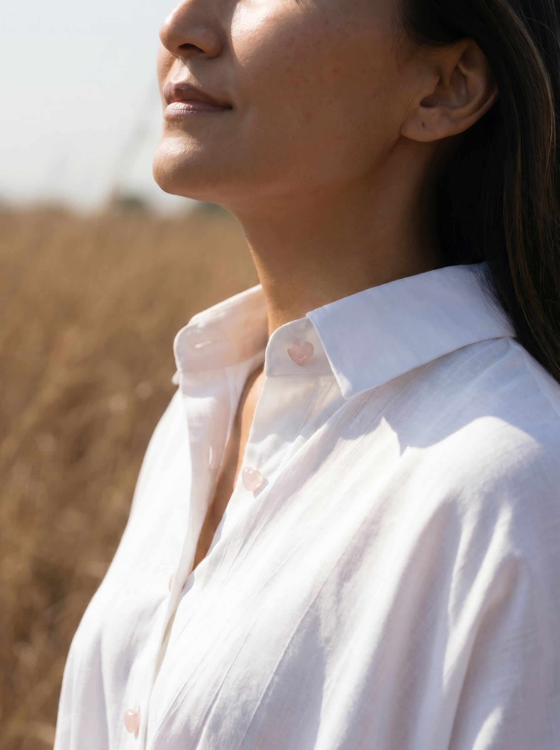 The K Way shirt with rose quartz heart gemstone buttons