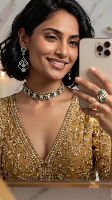 Laa Polky Stories: polki choker and ring worn for a bridal story, from an AI photoshoot by Kaptured.AI