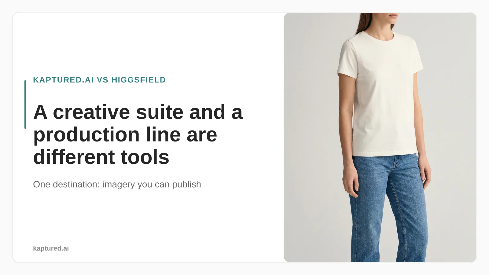 AI on-model catalogue photo of a t-shirt and denim on a light grey studio backdrop