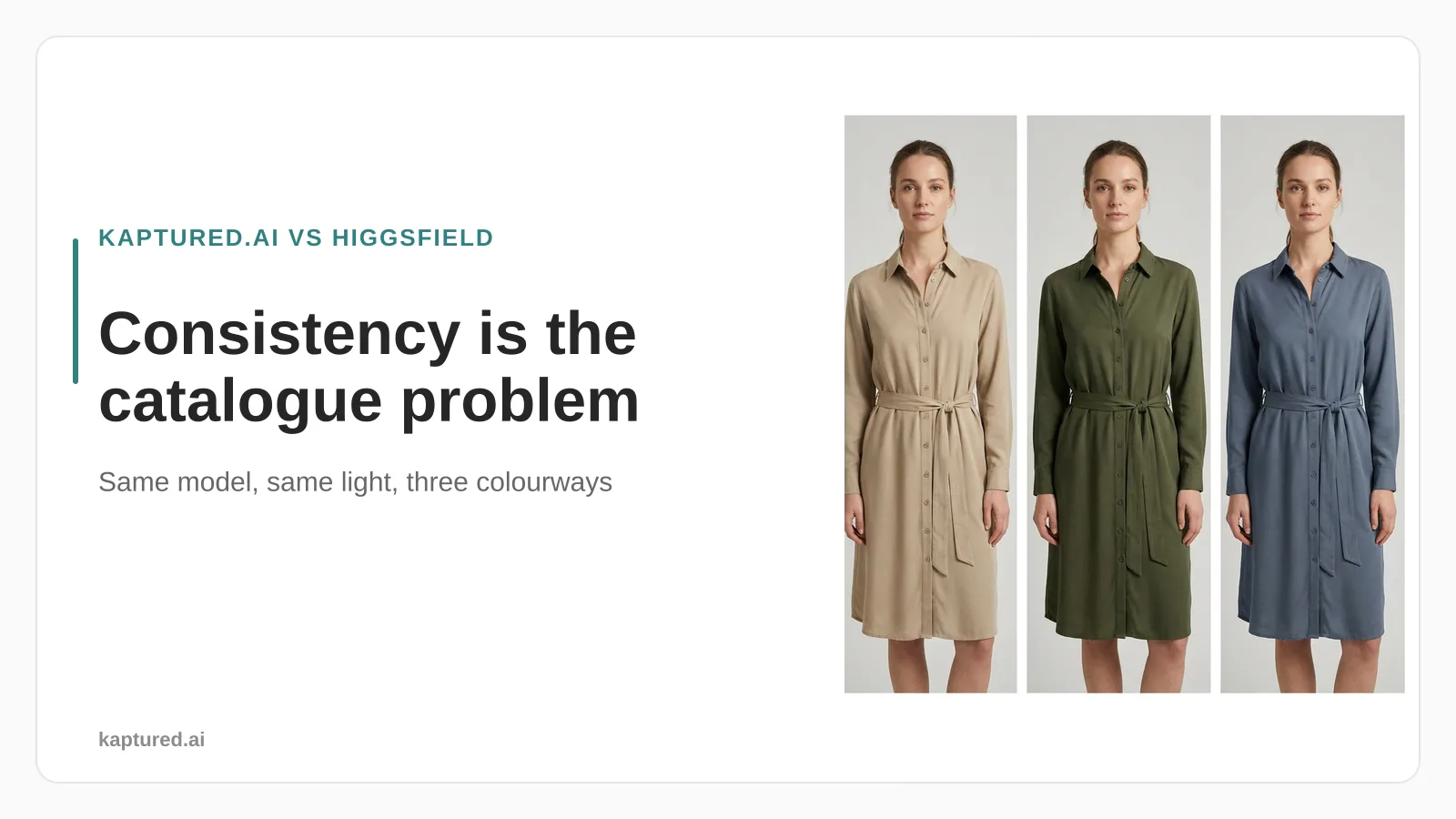 Same AI model in one shirt dress across three colourways with identical pose and lighting