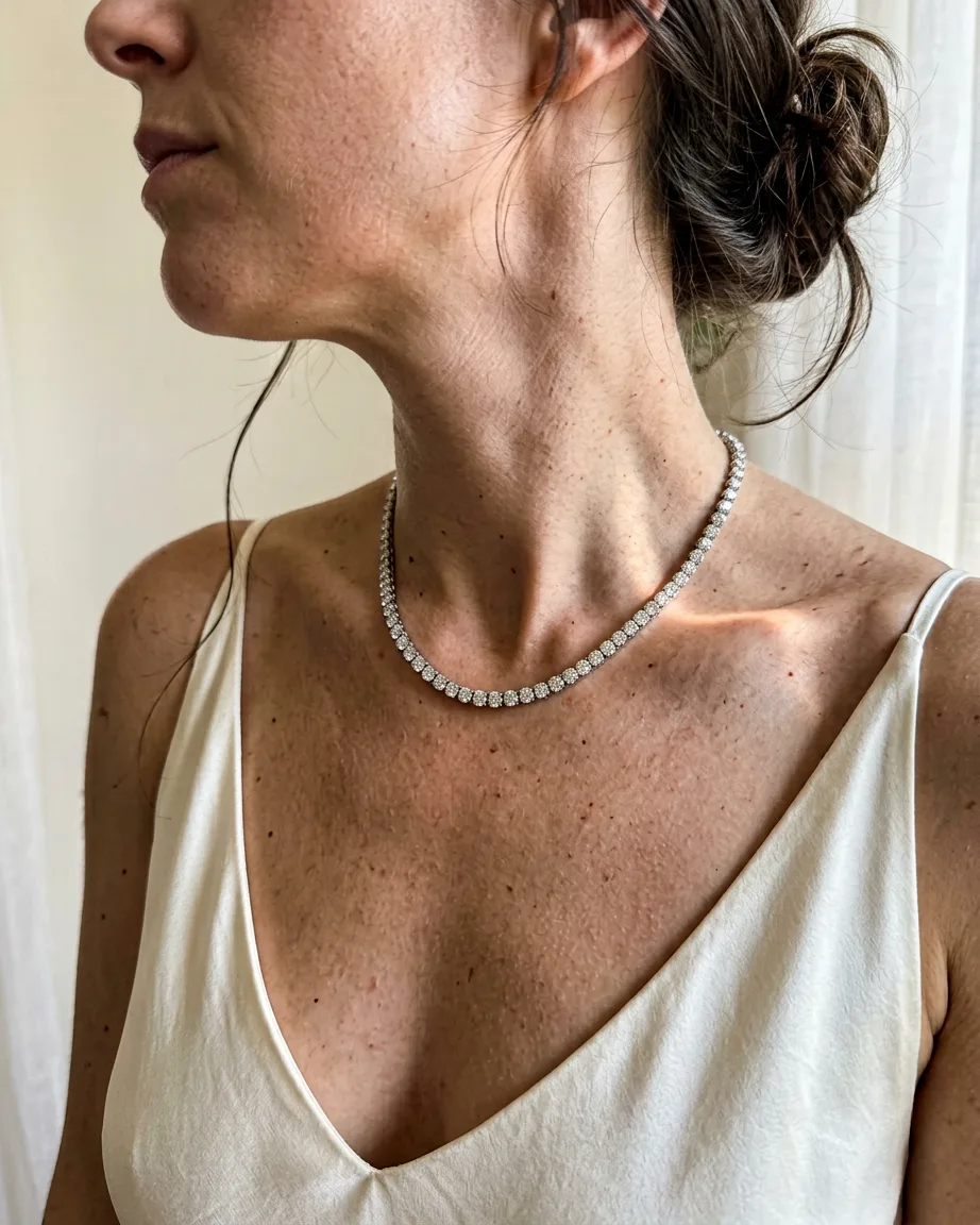 Diamond necklace on-model, close-up