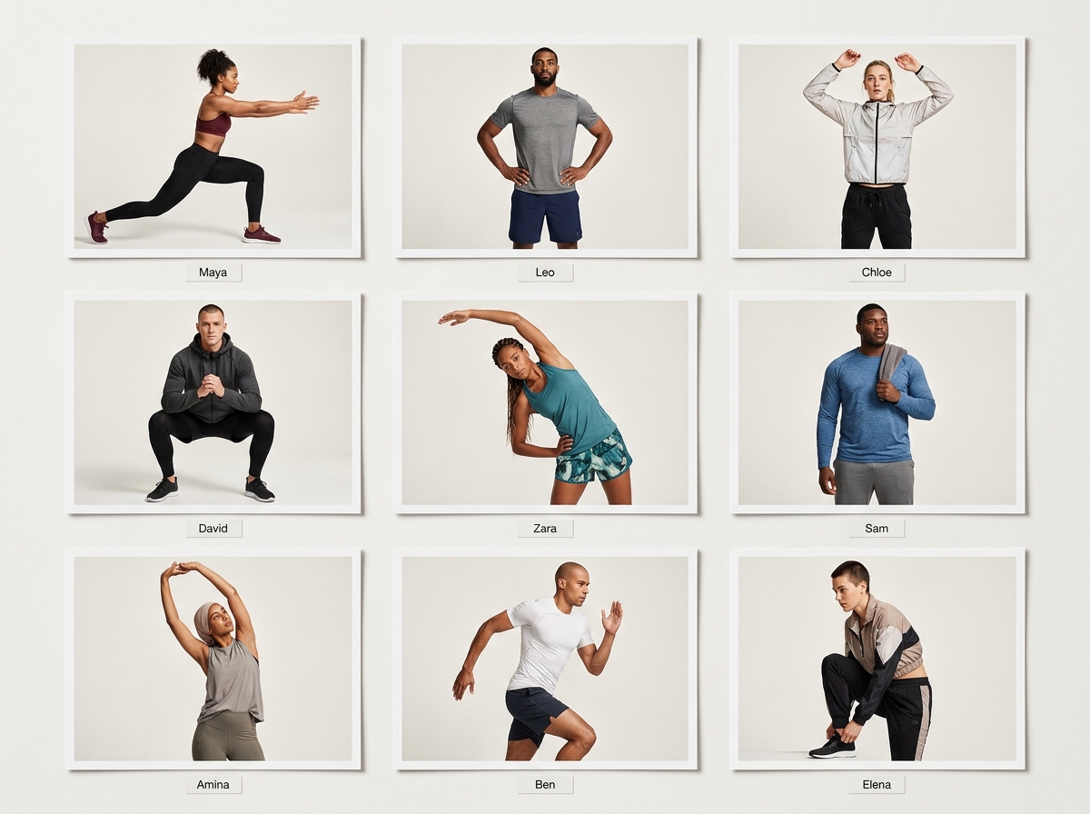 Six-angle activewear lookbook with action poses