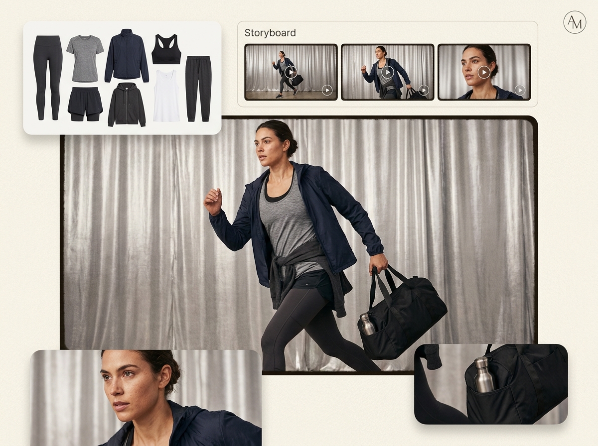 Brief to video in minutes — activewear AI photography