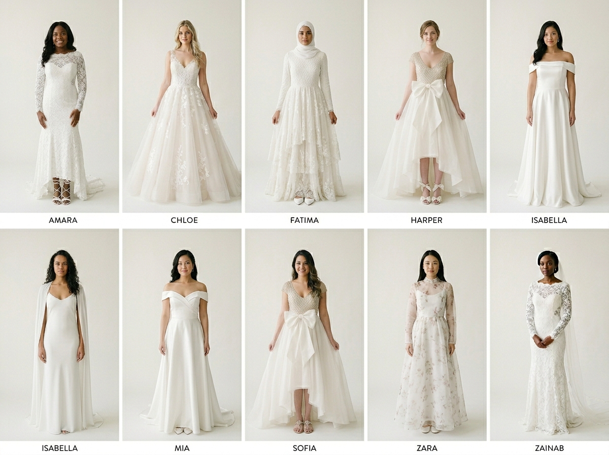 Six-angle bridal lookbook with editorial portraits
