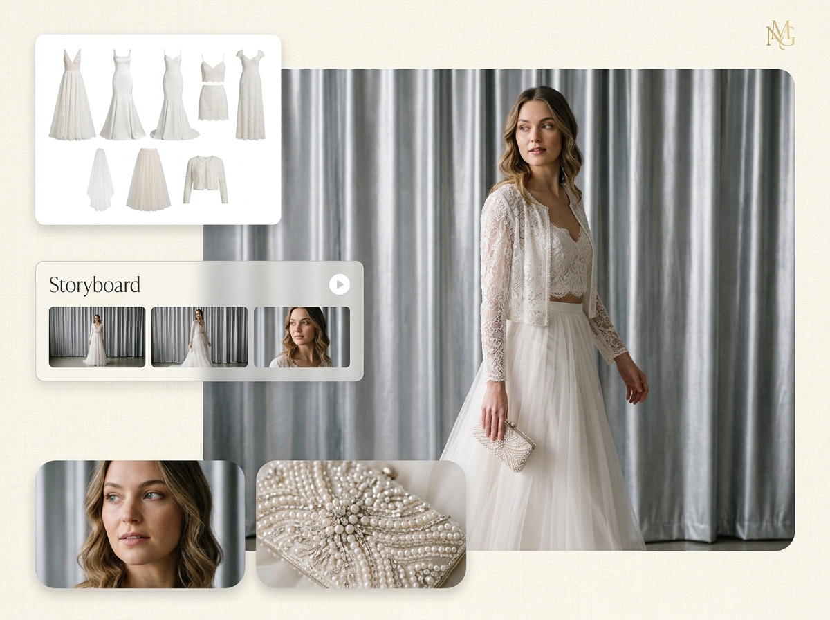 Brief to video in minutes — bridalwear AI photography