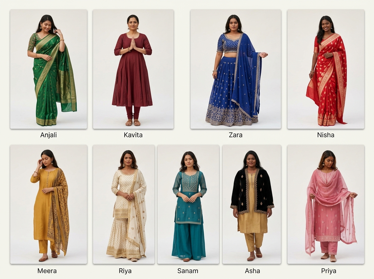 Six-angle ethnicwear lookbook with festive portraits