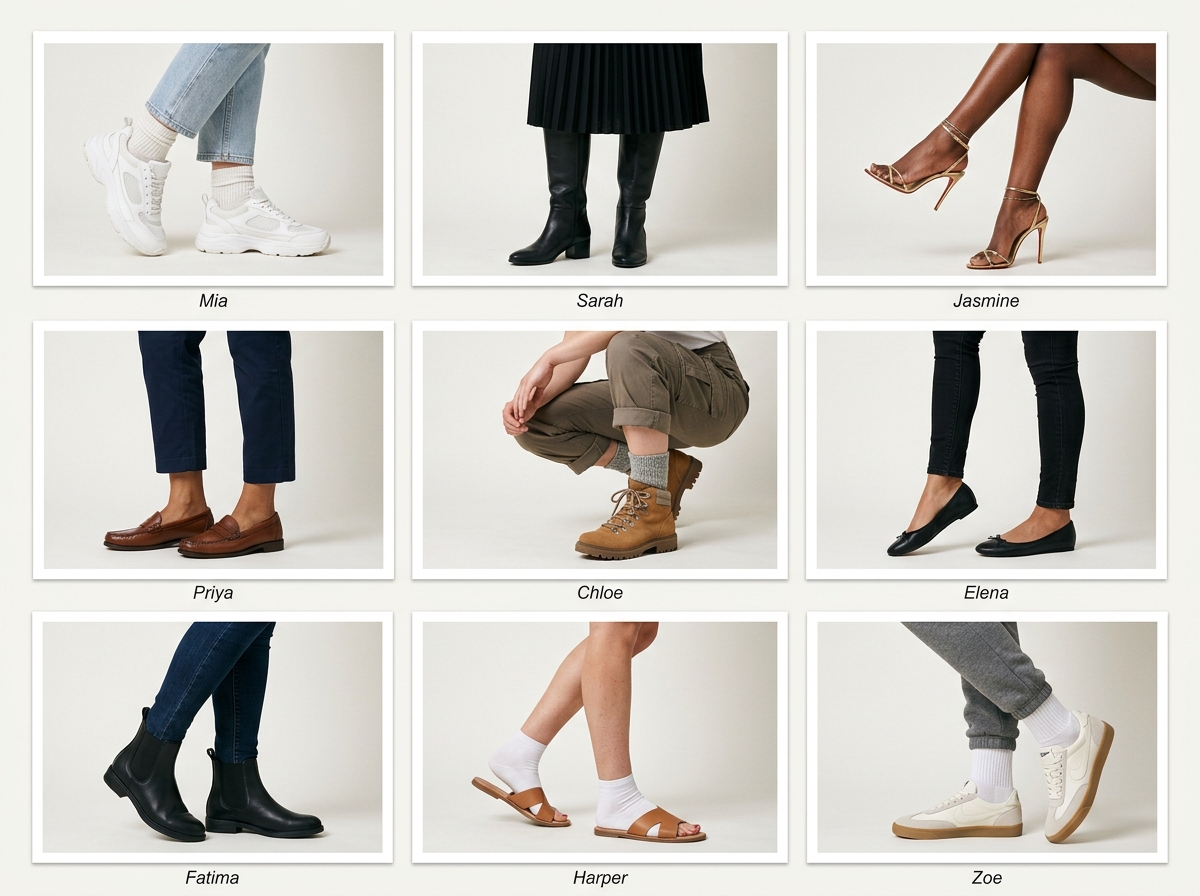 Six-angle footwear lookbook with product and lifestyle crops