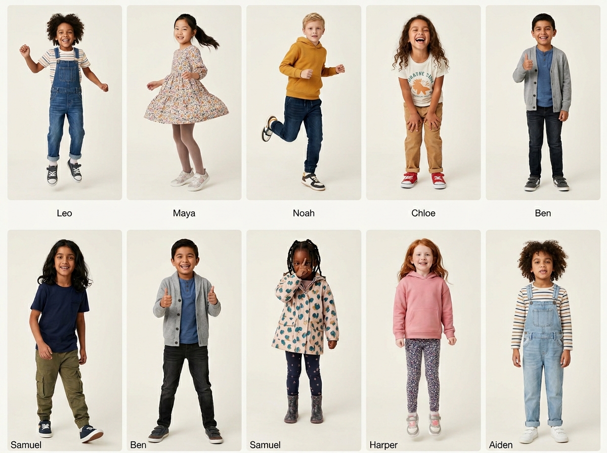 Six-angle kidswear lookbook with candid poses