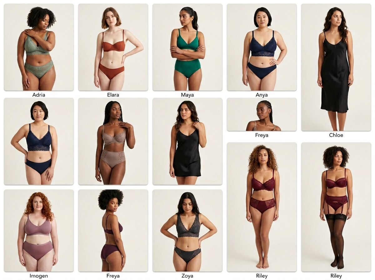 Six-angle innerwear lookbook with refined portraits