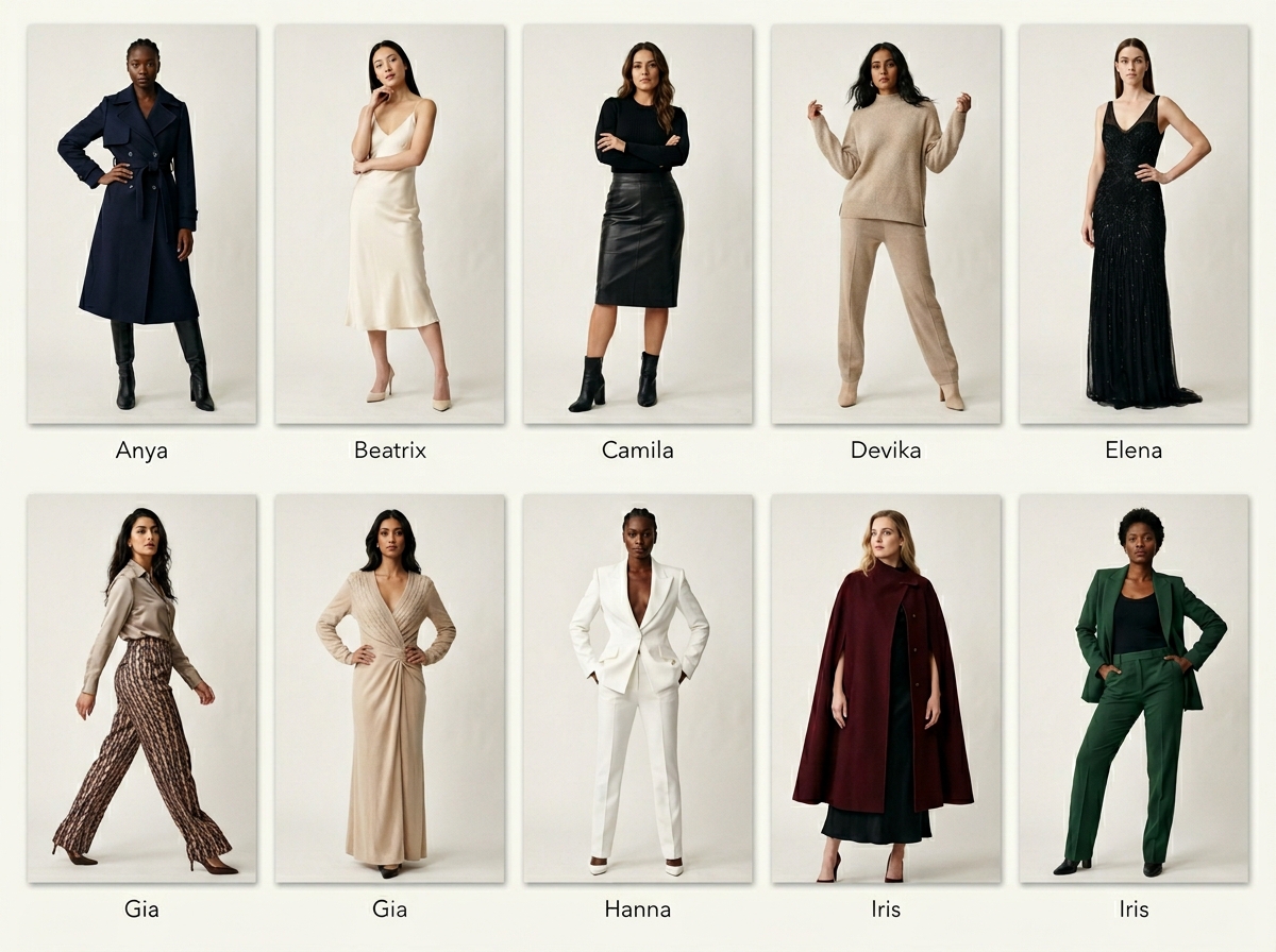 Six-angle luxury lookbook with magazine-grade portraits