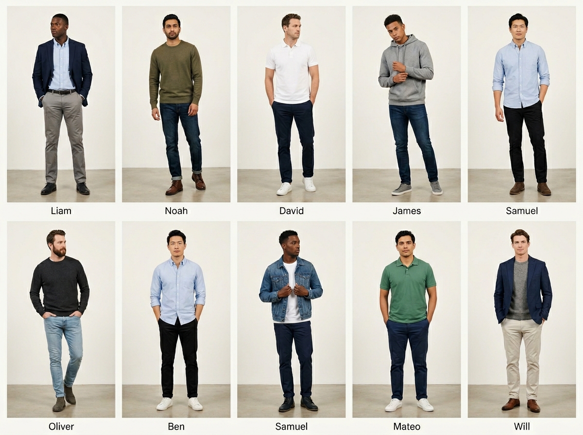 Six-angle menswear lookbook with on-model portraits