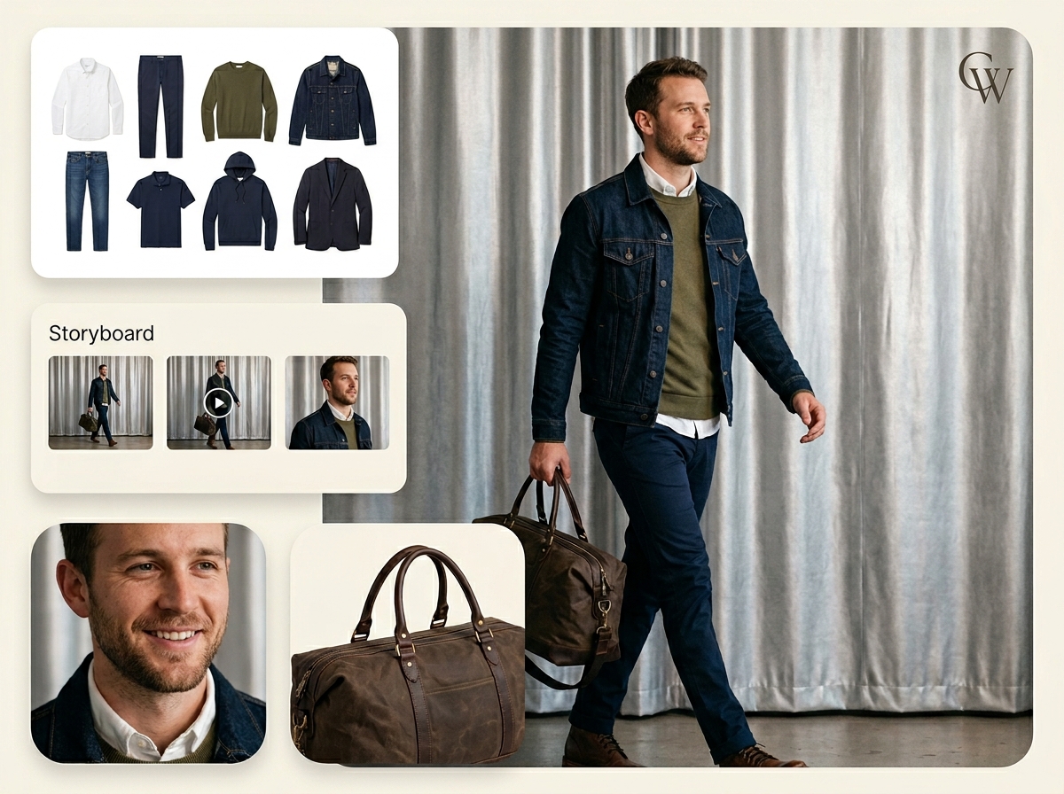 Brief to video in minutes — menswear AI photography