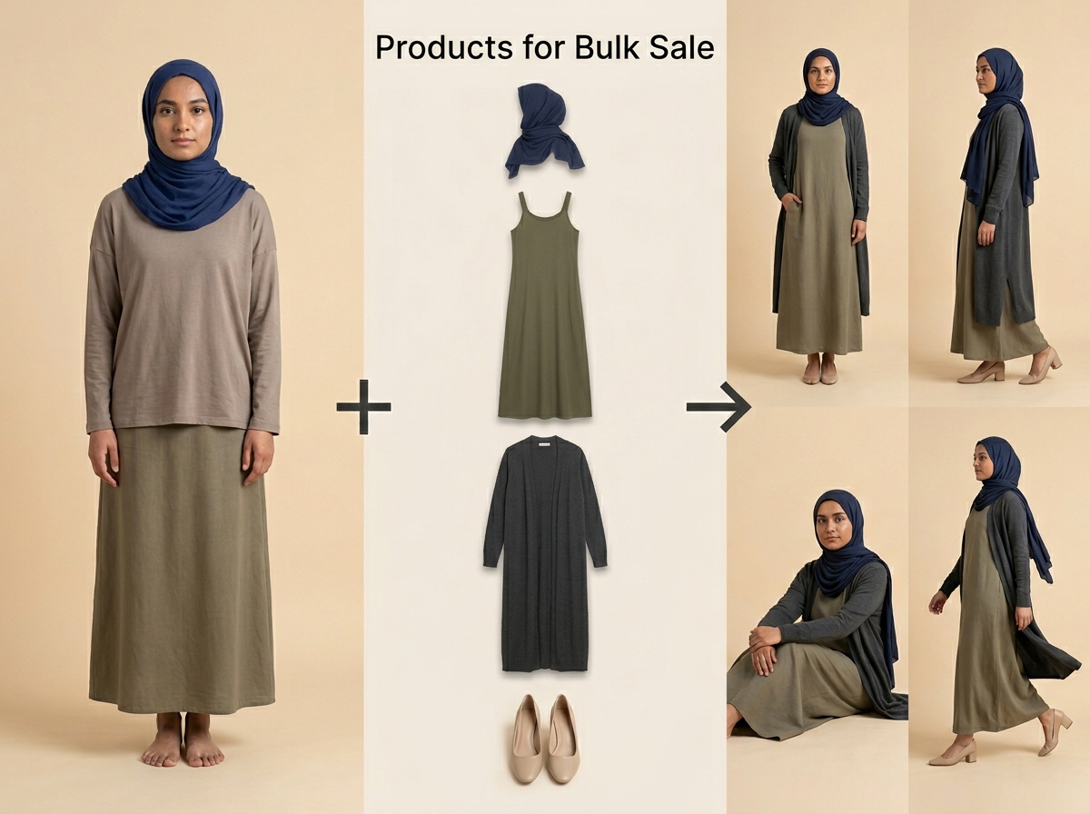 Model in a flowing abaya and hijab in a soft editorial setting