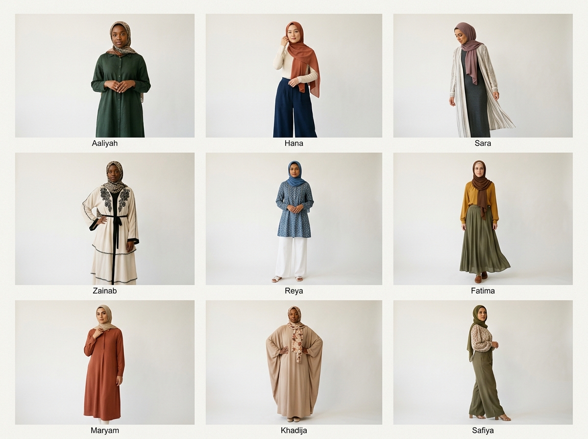 Six-angle modestwear lookbook with elegant portraits
