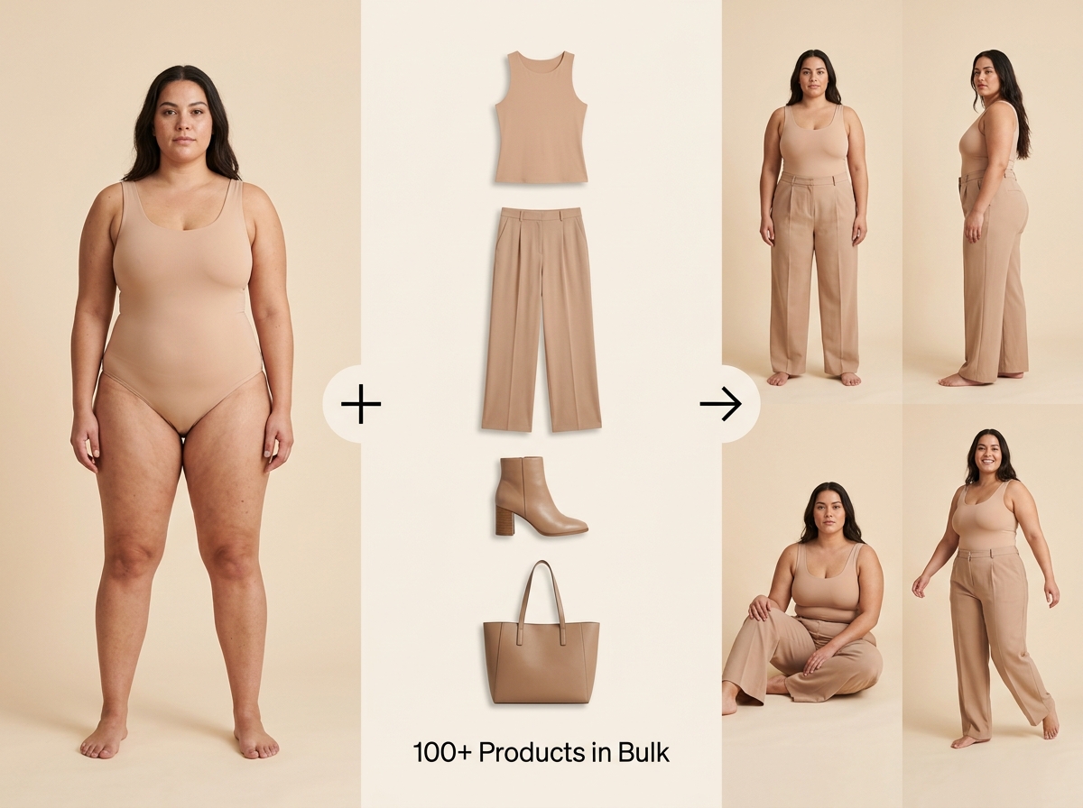 Confident plus-size model in a contemporary outfit in a bright setting