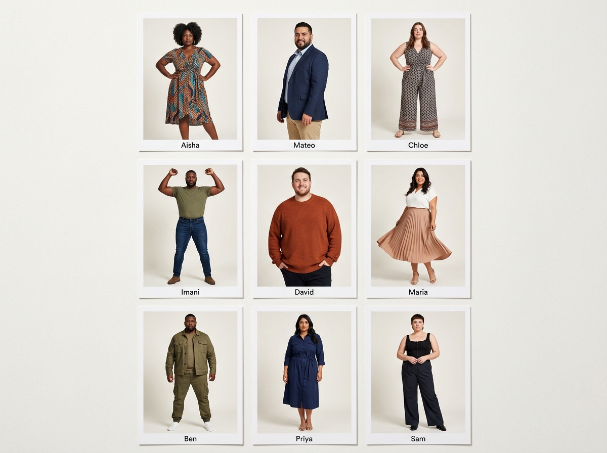 Six-angle plus-size lookbook with on-model portraits