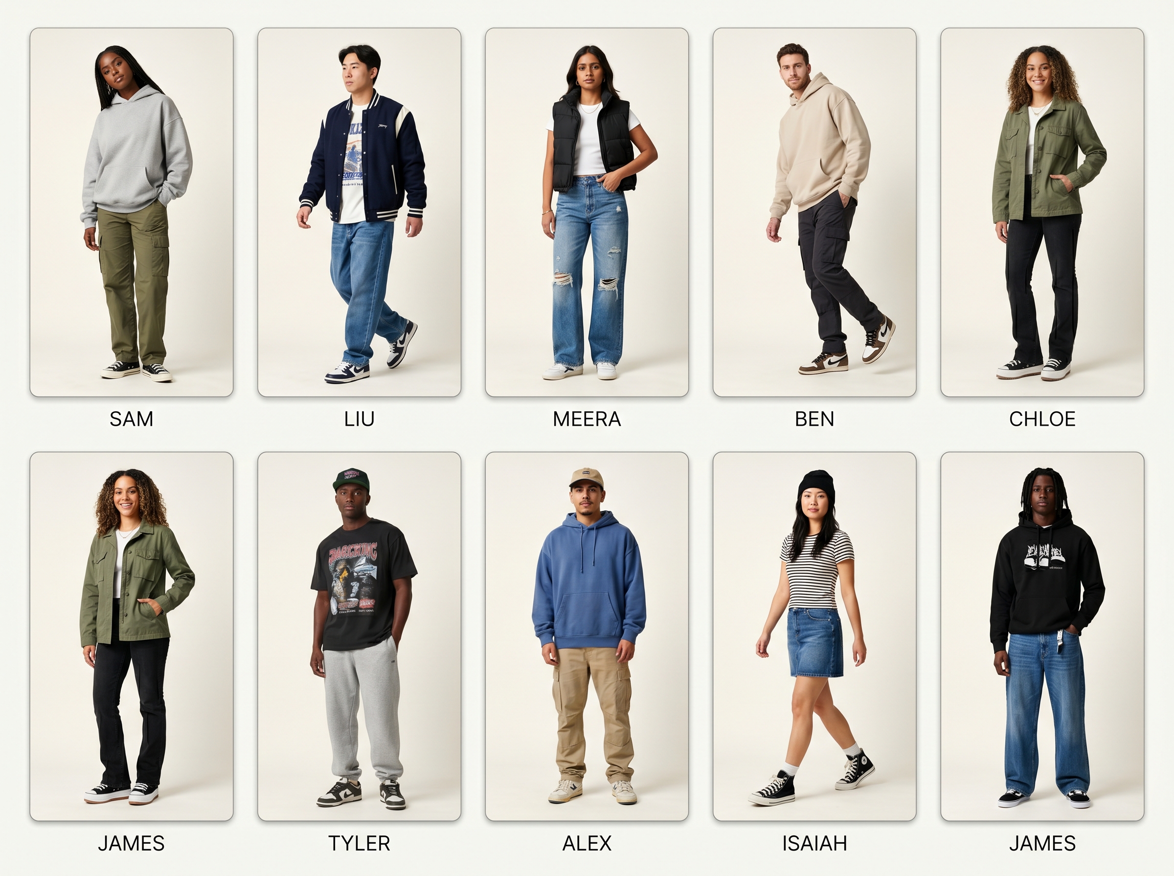 Six-angle streetwear lookbook with dynamic poses