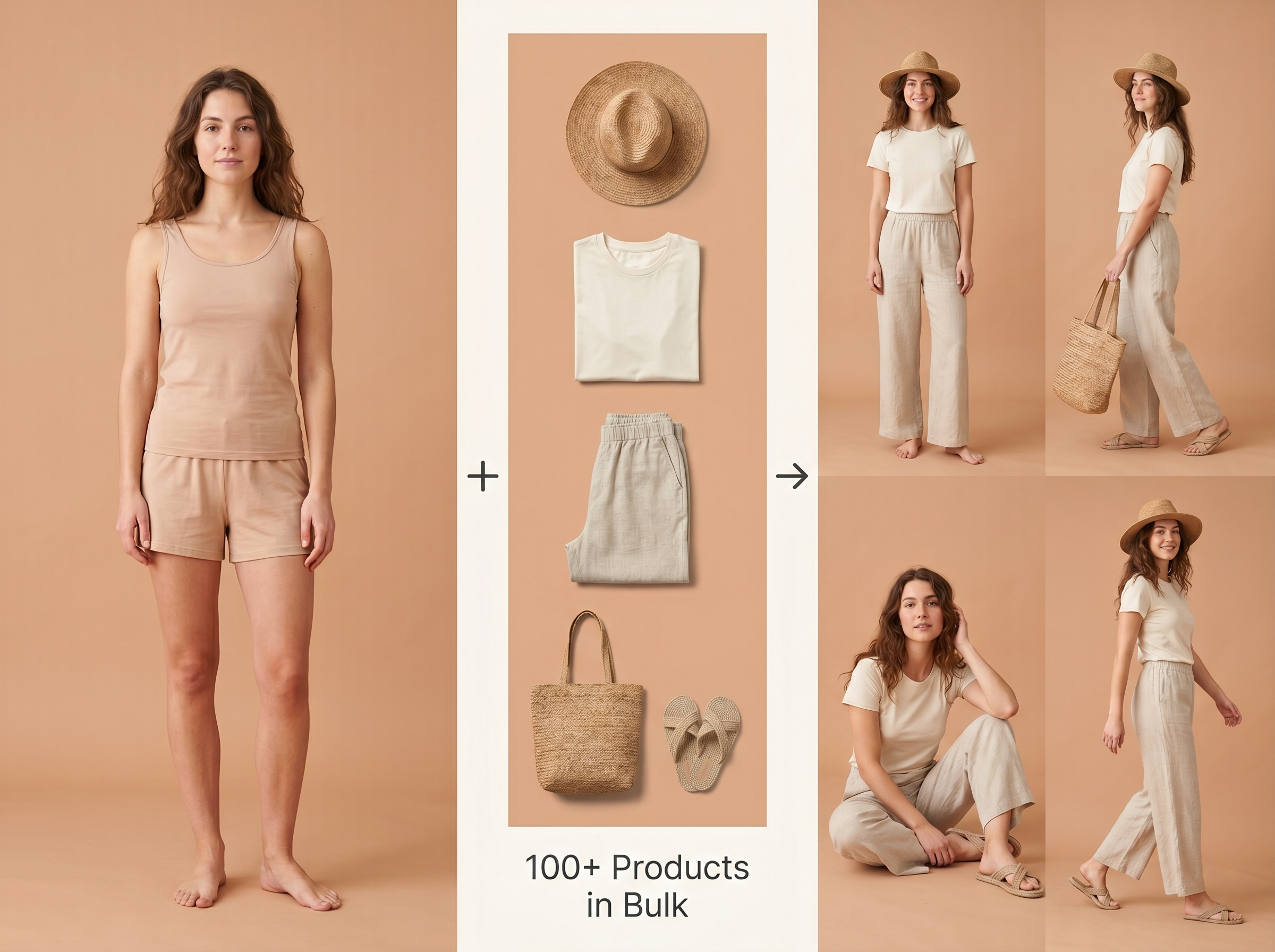 Model in organic, natural-fabric clothing in soft outdoor light