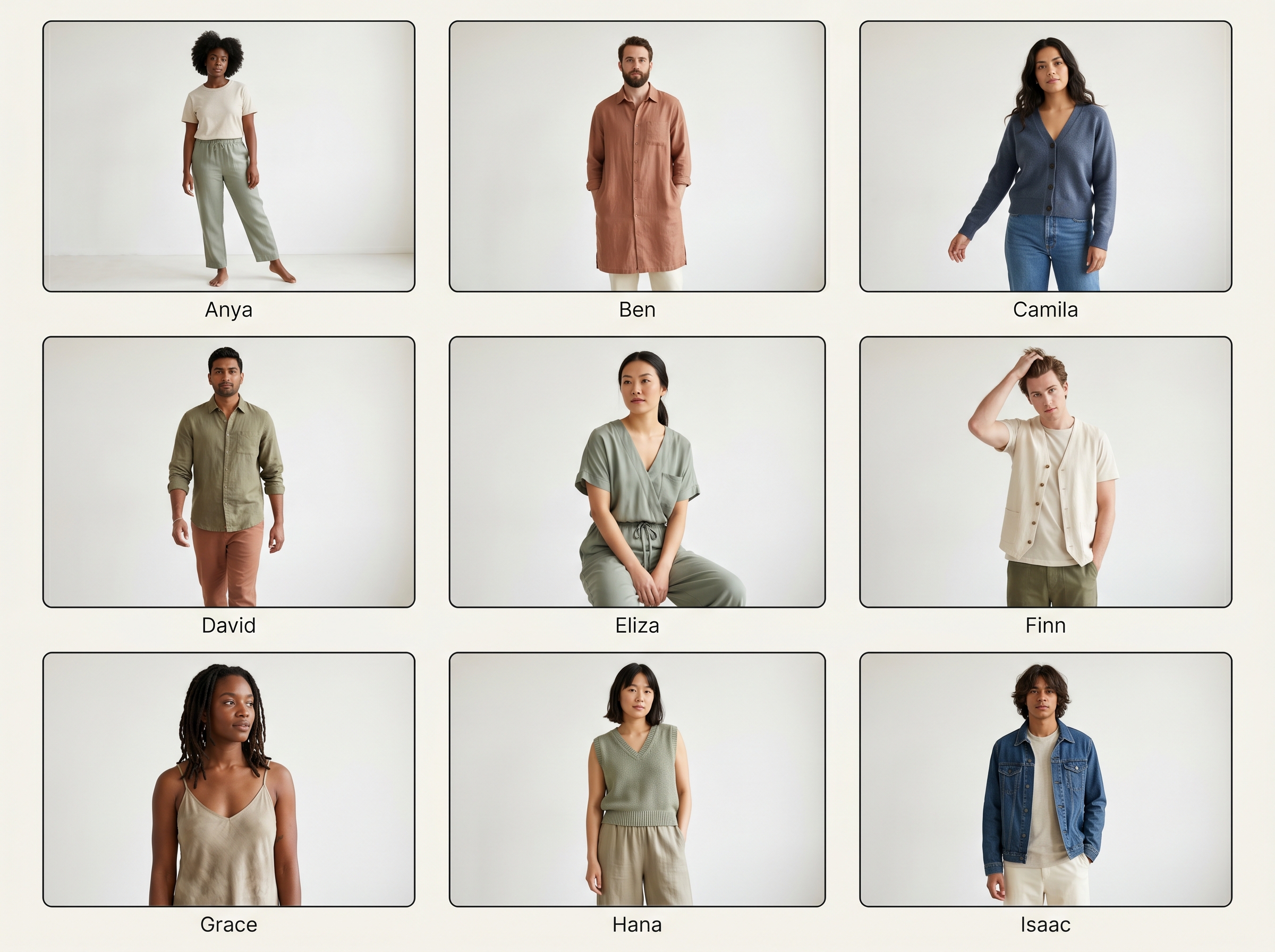 Six-angle sustainable fashion lookbook with earthy portraits