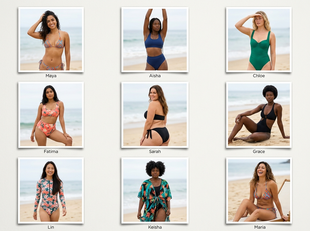 Six-angle swimwear lookbook with poolside portraits