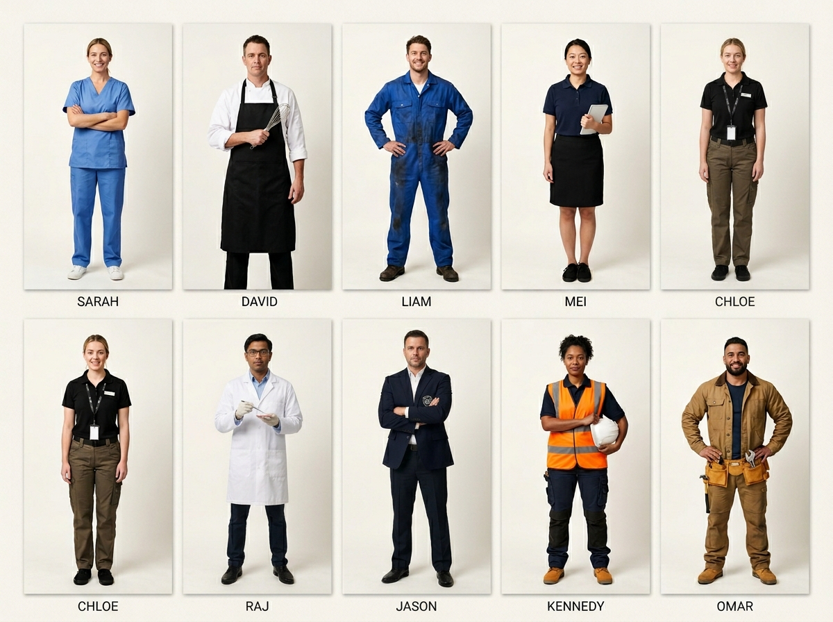 Six-angle workwear lookbook with on-model shots