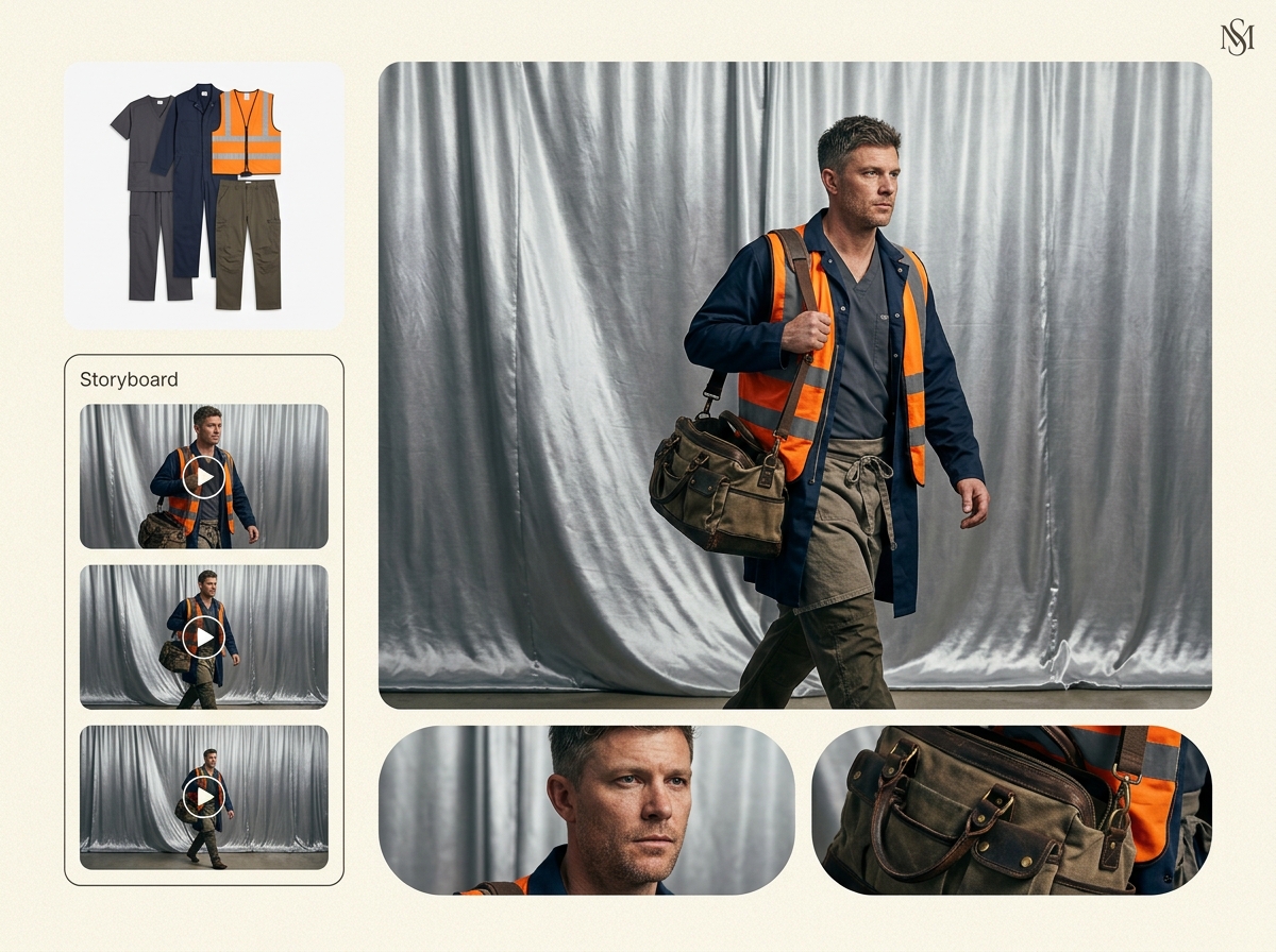 Brief to video in minutes — uniforms and workwear AI photography