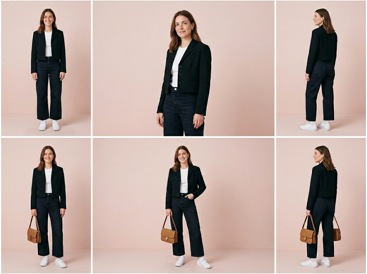 Editorial six-angle lookbook with mood headshots