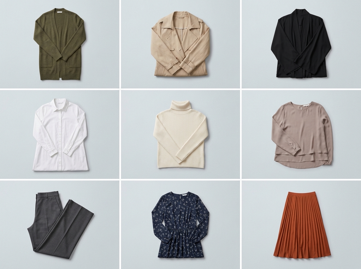 Nine-piece capsule wardrobe flat-lay on dove grey