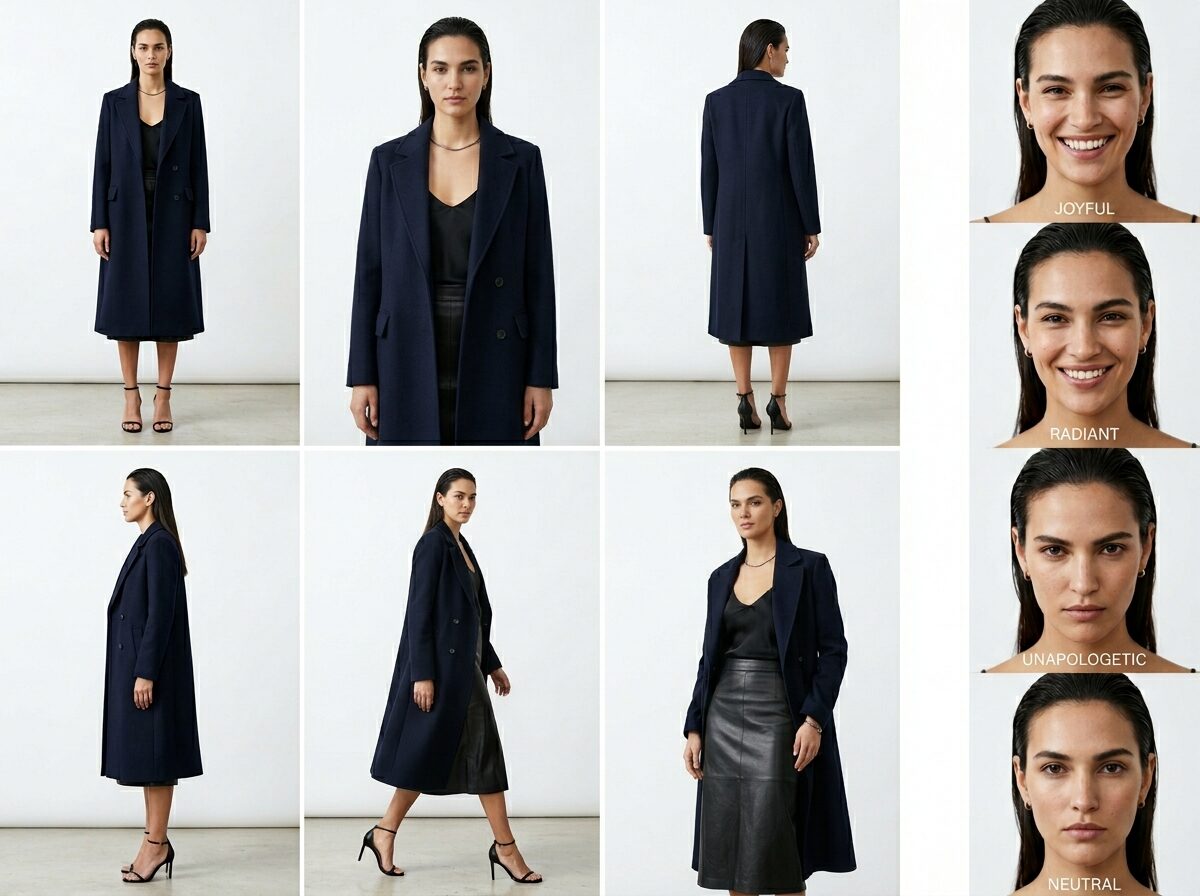 A model in a navy coat shown in six poses beside four expressions